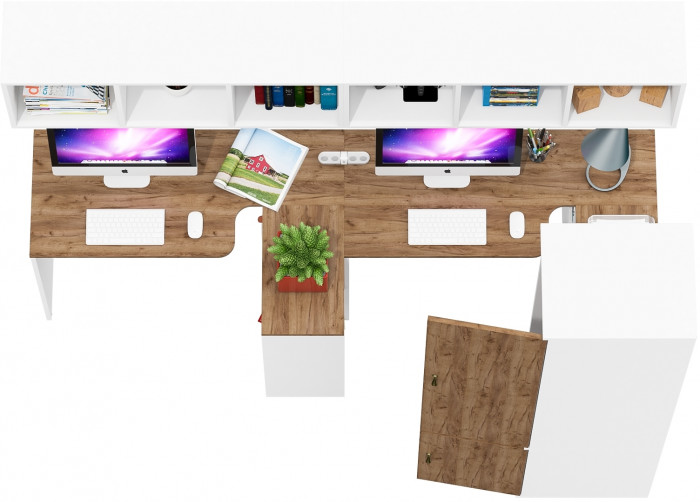 Лидер-8 Стол + Полка + Стол + Полка + Пенал МД 23Б, цвет белый шагрень/крафт золото, ШхГхВ 370х50х75/190 или 230х120/50х75/190 см., НЕ ун. сборка