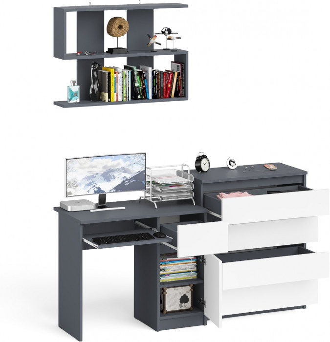 Мори Стол компьютерный МС-1 правый + Комод МК800.4 + Полка 900, цвет графит/белый, ШхГхВ 170,4х50х209,6 см., НЕ универсальная сборка