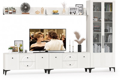 Валенсия Гостиная № 083, цвет ЛДСП белый шагрень/МДФ белый шагрень, ШхГхВ 350,3х38,3х225,2 см., универсальная сборка