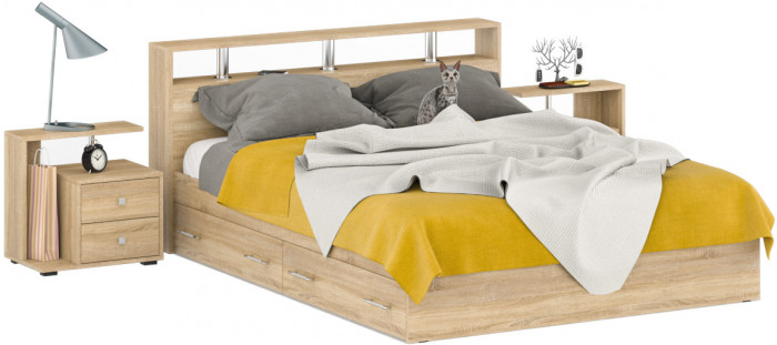 Камелия Кровать с ящиками 1600 + две тумбы, цвет дуб сонома, ШхГхВ 276х217х78,2 см., сп.м. 1600х2000 мм., без матраса, основание есть