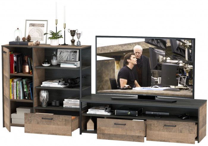 Трувор 13.70 Тумба под ТВ + 13.307.01 Комод, цвет дуб гранж песочный/интра, ШхГхВ 258,8х45,4х106,9 см., универсальная сборка