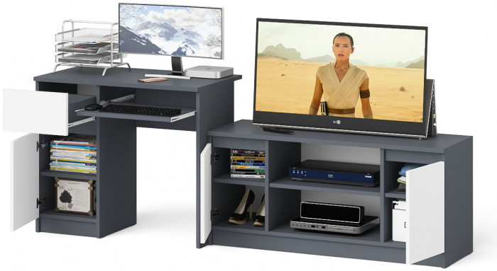 Мори компьютерный стол МС-1 левый + Тумба МТВ1200.1, графит/белый