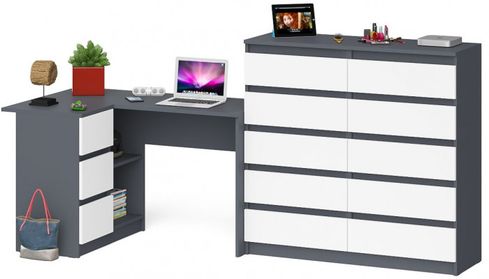 Мори компьютерный стол МС-16 левый + Комод МК1200.10, графит/белый