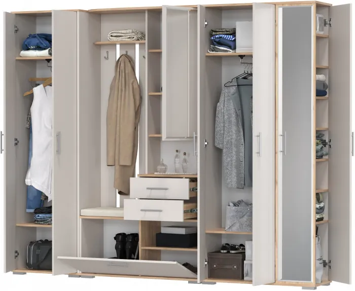 Прихожая Домино 6, цвет дуб крафт золотой/кашемир серый, ШхГхВ 248х36х202 см., универсальная сборка