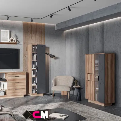 Даллас ШК 02 Шкаф со стеклом (0,902х1,602х0,402) дуб каньон/МДФ софт графит