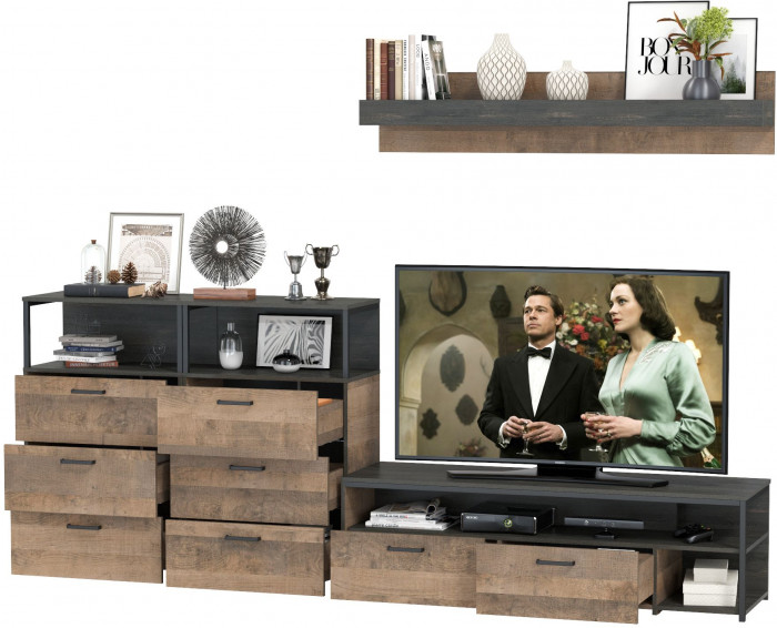 Трувор 13.70 Тумба под ТВ + 13.307.02 Комод + 13.307.02 Комод + 15.60 Полка, цвет дуб гранж песочный/интра, ШхГхВ 281,8х45,4х195 см., универс. сборка