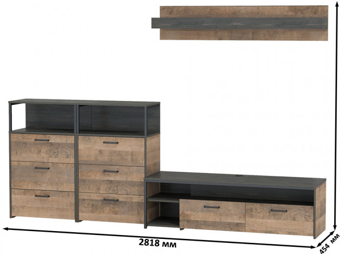 Трувор 13.70 Тумба под ТВ + 13.307.02 Комод + 13.307.02 Комод + 15.60 Полка, цвет дуб гранж песочный/интра, ШхГхВ 281,8х45,4х195 см., универс. сборка