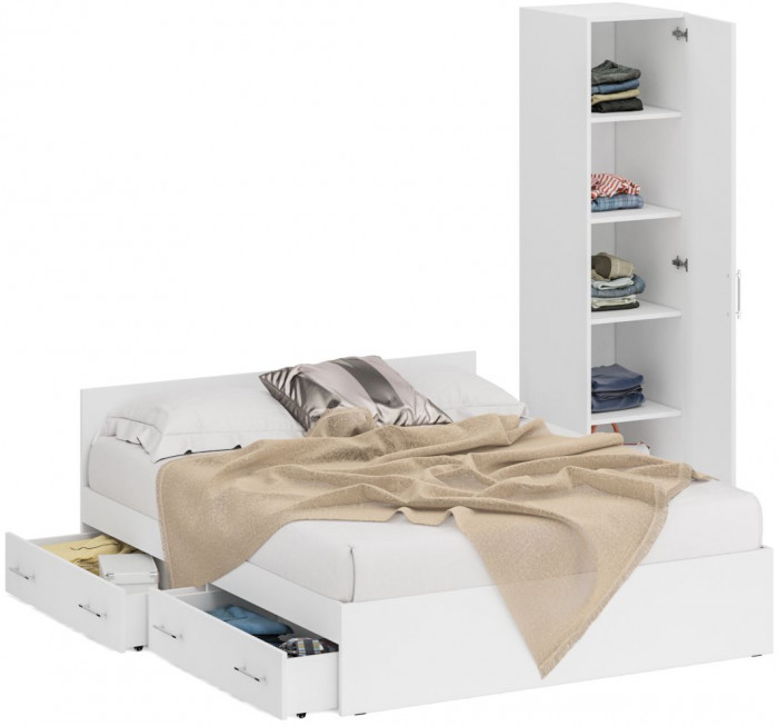 Кровать с ящиками 1600 + Пенал Стандарт, цвет белый, ШхГхВ 163,5х203,5х70 + 45х52х200 см., сп.м. 1600х2000 мм., без матраса, основание есть