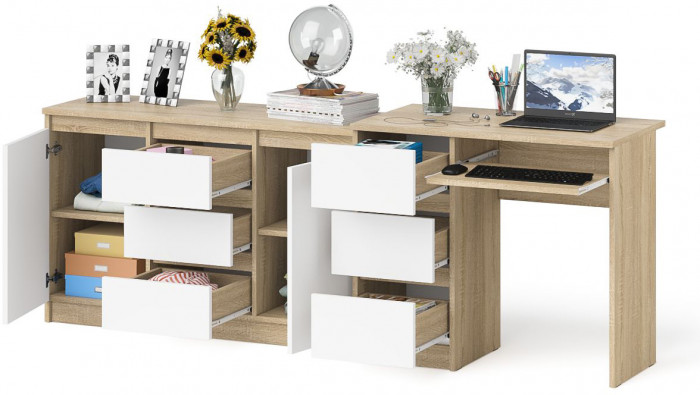 Мори Стол компьютерный МС-6 левый + Комод МК1200.3, цвет дуб сонома/белый, ШхГхВ 210,4х50х76,6 см., выдвижные ящики слева, НЕ универсальная сборка