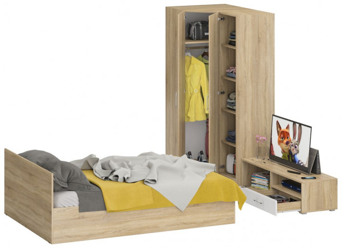 Спальня Стандарт 4-1400, дуб сонома/фасады ТВ тумбы МДФ белый глянец