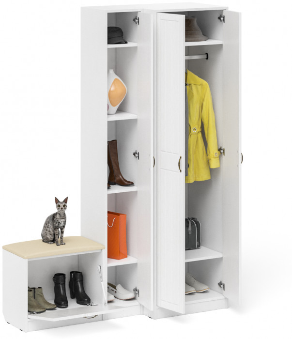 Прихожая П-6 Компоновка № 25, цвет белая шагрень/фасады МДФ белое дерево фрезеровка прованс, ШхГхВ 150х50х210 см., универсальная сборка