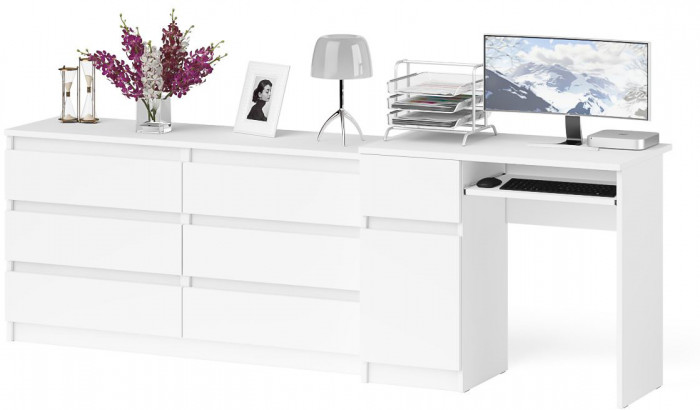 Мори Стол компьютерный МС-1 левый + Комод МК1380.6, цвет белый, ШхГхВ 228х50х76,6 см., выдвижной ящик слева, НЕ универсальная сборка