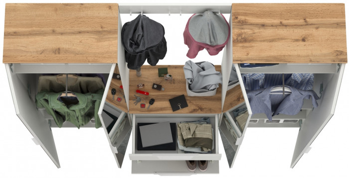 Октава Прихожая 26, цвет белый шагрень/дуб крафт золотой/фасады МДФ белый шагрень, ШхГхВ 193,7х35,4х197,6 см., универсальная сборка