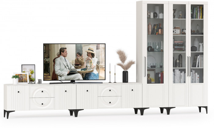 Валенсия Гостиная № 085, цвет ЛДСП белый шагрень/МДФ белый шагрень, ШхГхВ 405,3х38,3х225,2 см., универсальная сборка