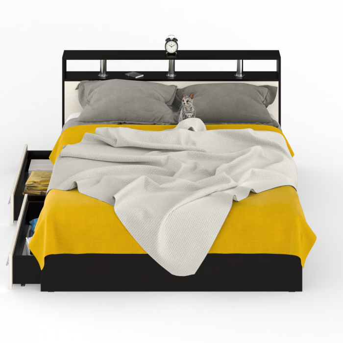 Камелия Кровать с ящиками 1600, цвет венге/дуб лоредо, ШхГхВ 163,5х217х78,2 см., сп.м. 1600х2000 мм., без матраса, основание есть