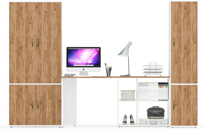 Лидер-8 Шкаф МД 20Б + Стол + Пенал 23Б, белый шагрень/крафт золото