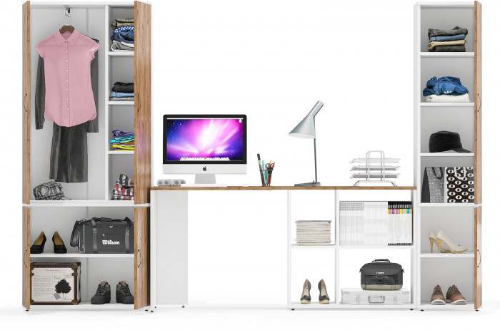 Лидер-8 Шкаф МД 20Б + Стол + Пенал 22Б, цвет белый шагрень/крафт золото, ШхГхВ 285х50/37,5х75/190 или 195х120х75/190 см., НЕ ун.сб.