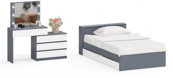 Ксения Кровать с ящиками 1200 + Стол косметический с подсветкой 110, графит/белый