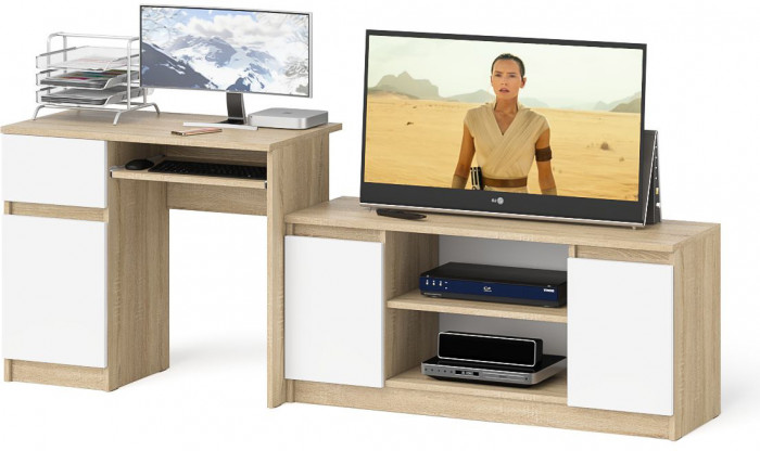 Мори компьютерный стол МС-1 левый + Тумба МТВ1200.1, дуб сонома/белый