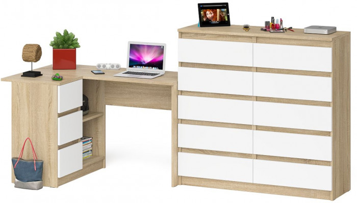 Мори компьютерный стол МС-16 левый + Комод МК1200.10, дуб сонома/белый