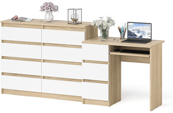 Мори компьютерный стол МС-6 левый + Комод МК1200.8, дуб сонома/белый