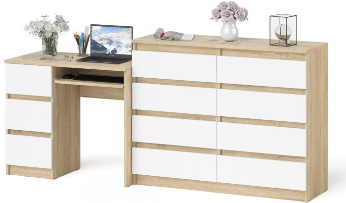 Мори компьютерный стол МС-6 левый + Комод МК1200.8, дуб сонома/белый