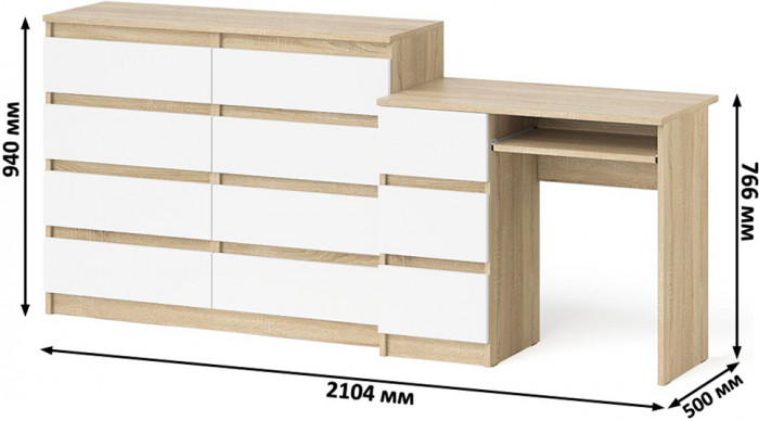 Мори компьютерный стол МС-6 левый + Комод МК1200.8, дуб сонома/белый