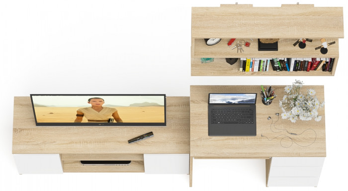 Мори компьютерный стол МС-6 правый + Тумба МТВ1200.1 + Полка 900, дуб сонома/белый