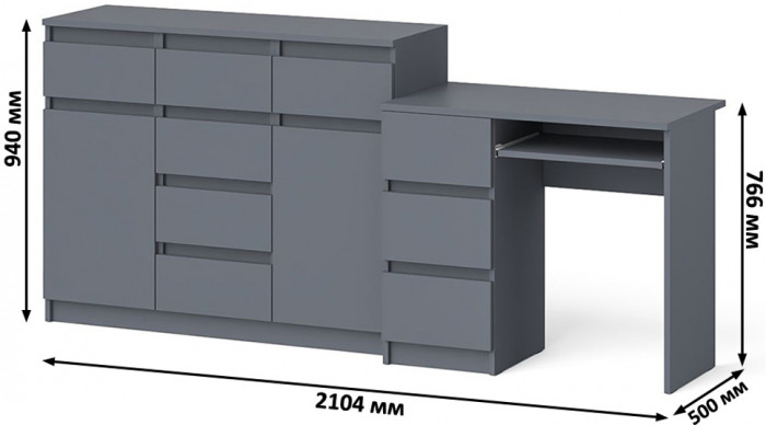 Мори Стол компьютерный МС-6 левый + Комод МК1200.4, цвет графит, ШхГхВ 210,4х50х94 см., выдвижные ящики слева, НЕ универсальная сборка