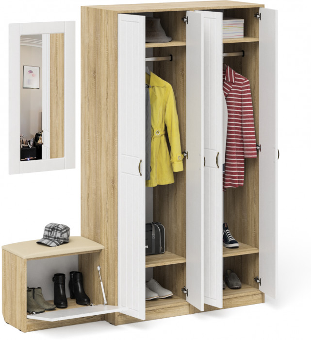 Прихожая П-6 Компоновка № 08, цвет дуб сонома/фасады МДФ белое дерево фрезеровка прованс, ШхГхВ 180х50х210 см., универсальная сборка