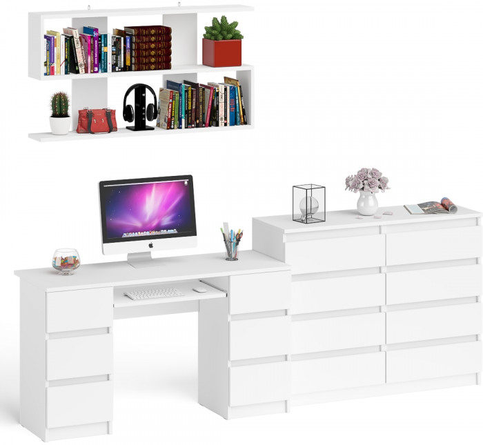 Мори компьютерный стол МС-2 + Комод МК1200.8 + Полка 1200, белый