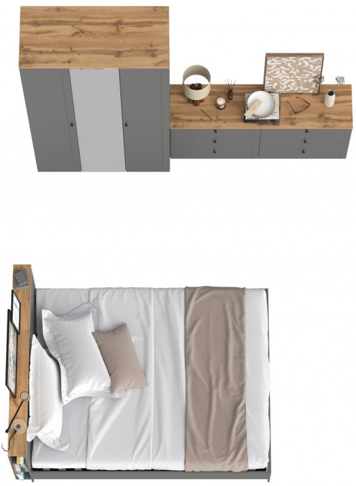 Остин 11.53 Кровать + ортопед + 13.336.03 Шкаф для одежды + 16.240 Комод, серый графит/дуб крафт золотой
