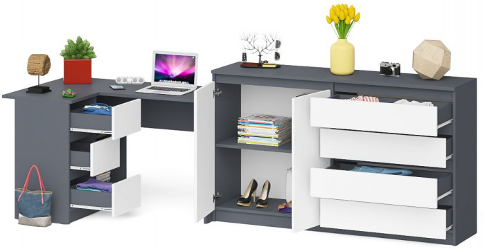 Мори Стол компьютерный МС-16 левый + Комод МК1600.1, цвет графит/белый, ШхГхВ 284,8х84,9х94 см., выдвижные ящики слева, НЕ универсальная сборка