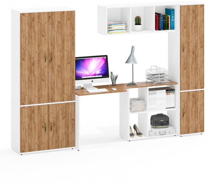 Лидер-8 Шкаф МД 20Б + Стол + Полка + Пенал 21Б, белый шагрень/крафт золото