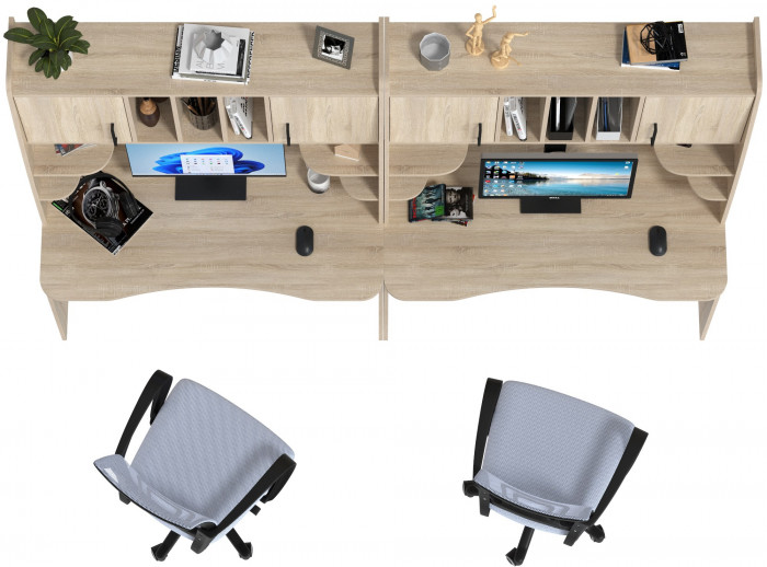 Два стола рабочих 6-0604 Бета + два кресла 103 серых, цвет дуб сонома, ШхГхВ 240х60,5х183,5 см.