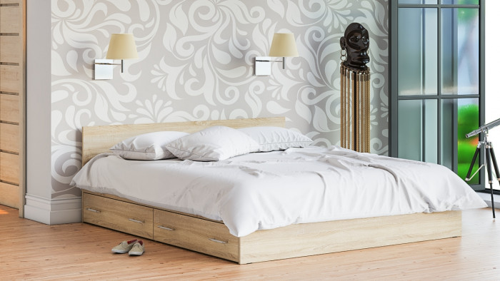 Мори Кровать с ящиками 1800, цвет дуб сонома, ШхГхВ 183,5х203,5х70 см., сп.м. 1800х2000 мм., без матраса, основание есть