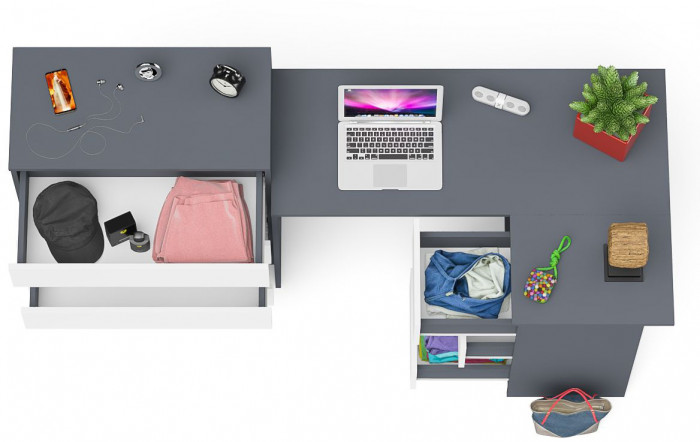 Мори Стол компьютерный МС-16 правый + Комод МК800.4, цвет графит/белый, ШхГхВ 204,8х84,9х94 см., выдвижные ящики справа, НЕ универсальная сборка