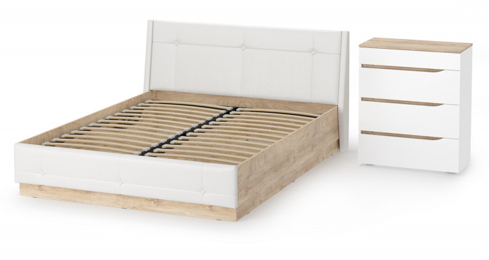 Муссон Кровать 11.28 + подъёмный ортопед + Комод 13.97, цвет белый/дуб эндгрейн элегантный/кожзам белый, сп. м. 1600х2000 мм., б/м