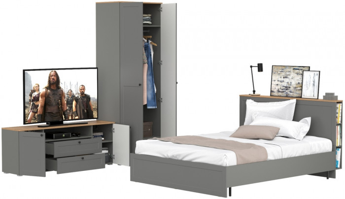 Остин 11.53 Кровать + ортопед + 13.224 Шкаф + 16.47 Тумба под ТВ, серый графит/дуб крафт золотой