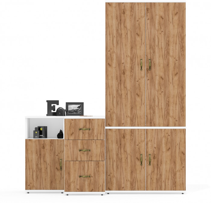 Лидер-8 Шкаф МД 20Б + Тумба МД 3.16 + Тумба МД 3.19, цвет белый шагрень/крафт золото, ШхГхВ 160х50х190 см., НЕ универсальная сборка