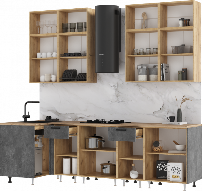 Кухня Рио NEW 1,0х2,6м/1080м (490), Компановка №3, Дуб крафт/Бетон светлый/ Бетон темный