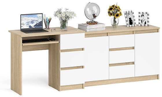 Мори Стол компьютерный МС-6 правый + Комод МК1200.3, цвет дуб сонома/белый, ШхГхВ 210,4х50х76,6 см., выдвижные ящики справа, НЕ универсальная сборка