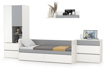 Торонто Компоновка № 19, цвет белый шагрень/стальной серый, ШхГхВ 354х84,4х195,7 см., сп. м. 800х1900 мм., б/м, основание есть, универсальная сборка