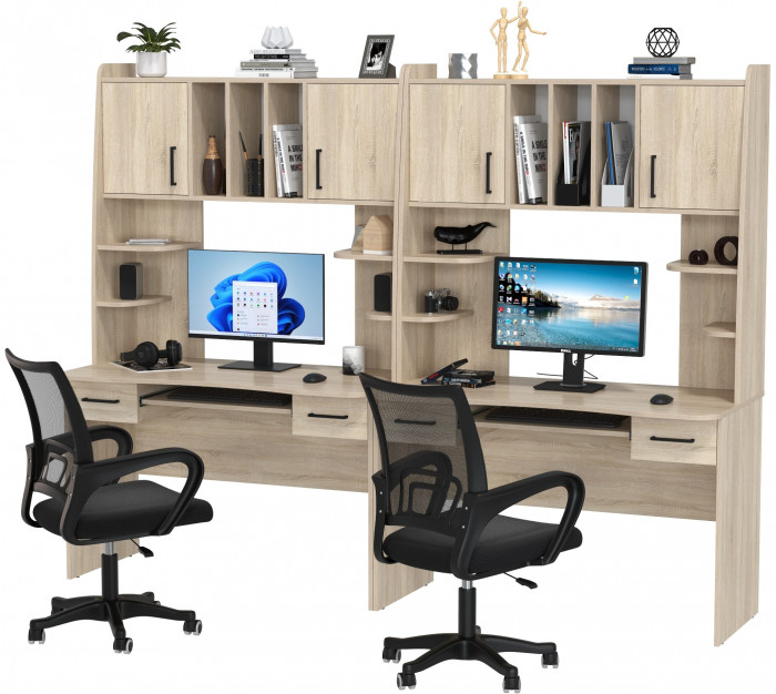 Два стола рабочих 6-0604 Бета + два кресла 103 чёрных, цвет дуб сонома, ШхГхВ 240х60,5х183,5 см.