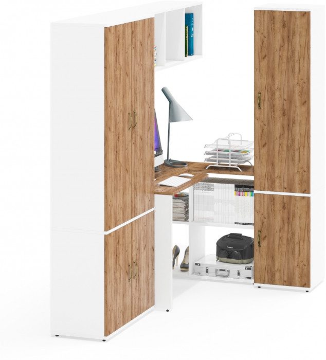 Лидер-8 Шкаф МД 20Б + Стол + Полка + Пенал 22Б, цвет белый шагрень/крафт золото, ШхГхВ 285х50/37,5х75/190 или 195х120х75/190 см., НЕ ун.сб.