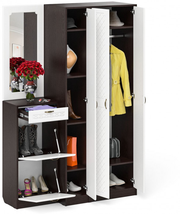 Прихожая П-6 Компоновка № 49, венге/фасады МДФ белое дерево фрезеровка ромб