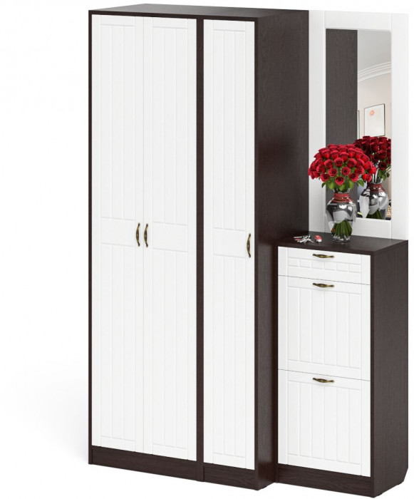 Прихожая П-6 Компоновка № 49, цвет венге/фасады МДФ белое дерево фрезеровка прованс, ШхГхВ 140х50х210 см., универсальная сборка
