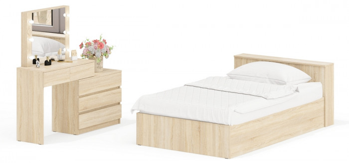 Ксения Кровать с ящиками 1200 + Стол косметический с подсветкой 110, дуб сонома