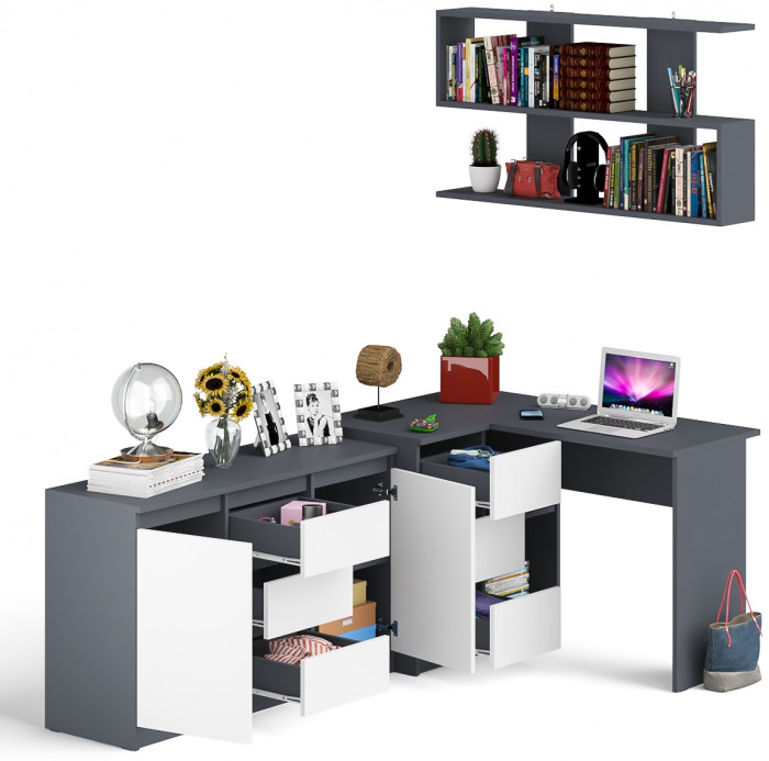Мори компьютерный стол МС-16 левый + Комод МК1200.3 + Полка 1200, графит/белый