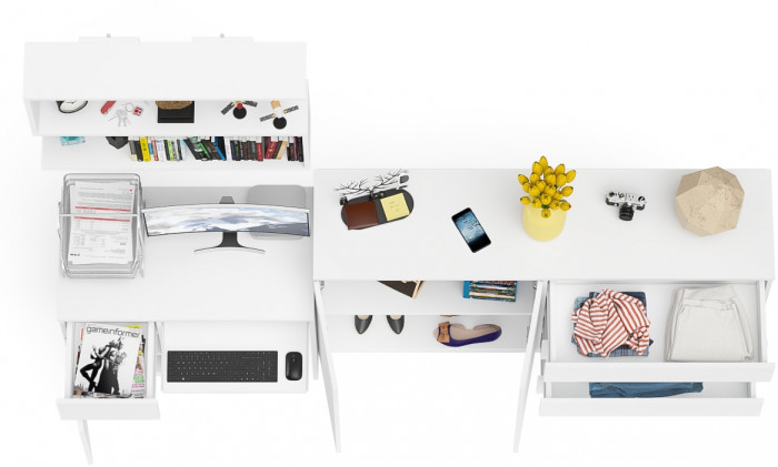 Мори Стол компьютерный МС-1 левый + Комод МК1600.1 + Полка 900, цвет белый, ШхГхВ 250,4х50х209,6 см., НЕ универсальная сборка